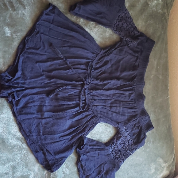 Navy blue off the shoulder bell sleeve romper - Picture 2 of 5